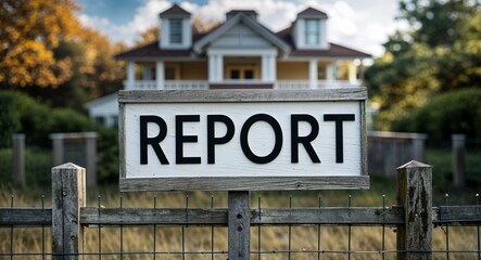 Fototapeta premium Report lettering on sign at fence with house background