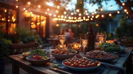 Family Dinner Outdoors Enjoying Delicious Thai Food Friends Talking Smiling Cozy Patio Night Time Gathering Celebration
