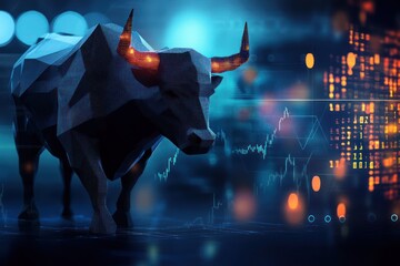 Bull Silhouette on Dark Financial Graph with Digital Data Background