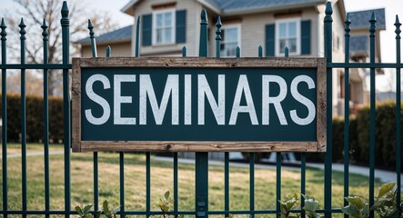 Obraz premium seminars lettering on sign at fence with house background
