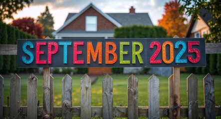 september 2025 lettering on sign at fence with house background