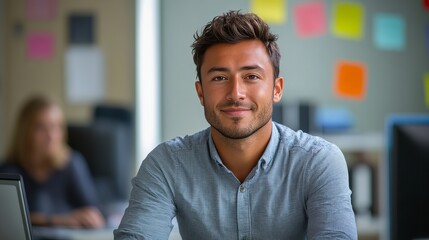 Naklejka premium Young Employee Working in Modern Office Environment with Flat Design