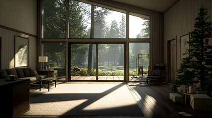 Fototapeta premium Modern Living Room with Large Windows Overlooking a Forest