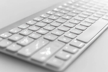 Minimalist close-up of sleek white keyboard with soft lighting and bokeh effect