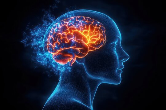 Cyberpunk Human Head Illustration with Glowing Brain in Neon Colors and Dramatic Lighting