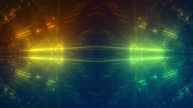 energievoll leuchtende Lichtpunkte bewegen sich langsam Richtung Zentrum, digitaler Datentransfer, Algorithmus, Internet, Datenfluss, Geschwindigkeit, Wandel, Austausch, gelb, gr&uuml;n, blau, orange
