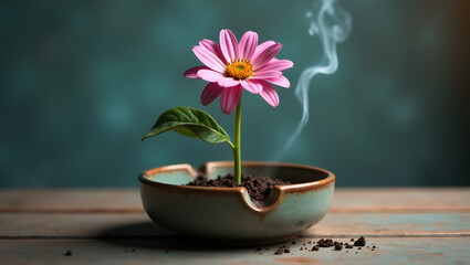 An image of a flower growing out of an ashtray, symbolizing hope and the possibility of quitting smoking.