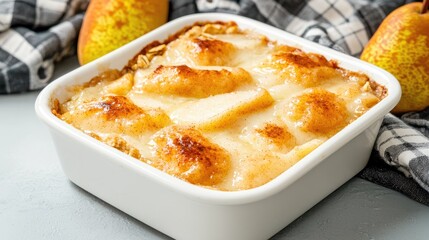 Baked pear crumble dessert in white dish