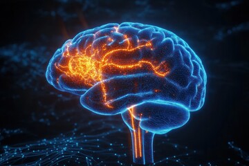 Obraz premium 3D Cyberpunk Illustration of Human Brain with Neural Pathways in Neon Blue and Orange Profile View