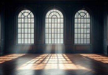 Fototapeta premium Elegant Room with Large Arched Windows and Soft Light Streaming In