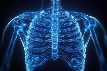 Detailed Human Ribcage Illustration with Bioluminescence on Blue Background 3D Rendering of Male Anatomy