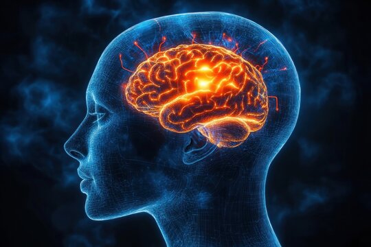 Cyberpunk Glowing Brain Illustration with Xray Profile of Human Head Anatomy in Neon Colors