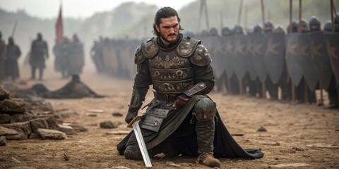 Warrior kneeling on battlefield with sword in hand facing army in the distance during medieval conflict