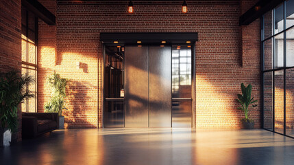 A sophisticated industrial-style space with a large sliding glass door, exposed brick walls, and warm interior lighting.

