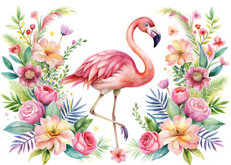 Obraz premium cute flamingo floral watercolor illustration vector art isolated white background, abstract vibrant pastel color 