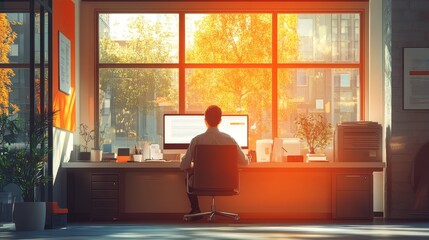 Fototapeta premium Employee Working in Modern Flat Design Office with Natural Light