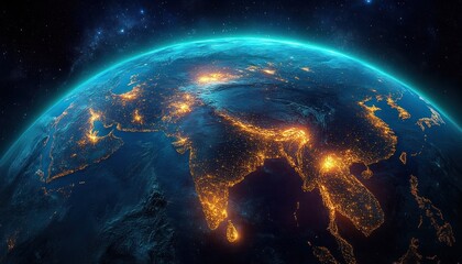 Obraz premium Dramatic View of Earth at Night City Lights of Asia from Space