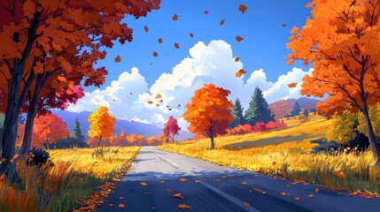 Fototapeta premium Scenic Autumn Road with Colorful Trees and Blue Sky in Background