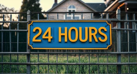 Obraz premium 24 hours lettering on sign at fence with house background