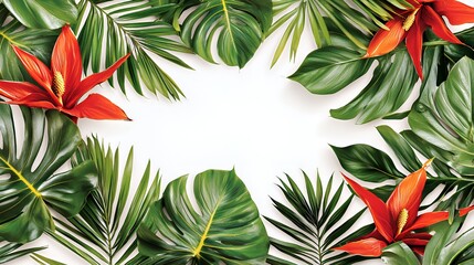 Vibrant Tropical Leaves and Red Flowers Frame on White Background