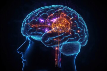 Cyberpunk Illustration of Glowing Human Brain with Optical Nerve and Neural Connections 3D Render