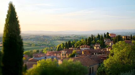 Obraz premium Tuscan Village Sunset Landscape: Warm Golden Light on Rolling Hills
