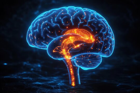 3D Illustration of Human Brain Stem Medulla Pons Midbrain Cyberpunk Anatomy Neural Pathways