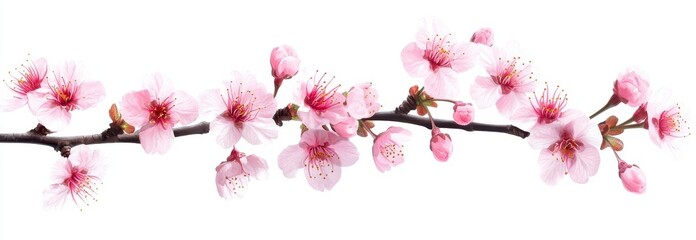Fototapeta premium Delicate Pink Cherry Blossom Branch with Soft Petals on White Background