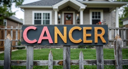 Fototapeta premium cancer lettering on sign at fence with house background