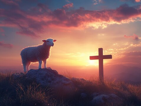 A lamb standing on the top of a hill with a cross in the background at sunset Generative AI
