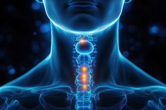 3D Rendering of Thyroid and Parathyroid Glands in Male Anatomy X-ray Front View with Neon Blue Effects