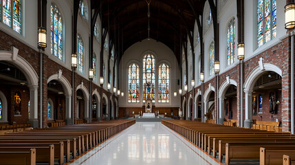 Grand Church Interior with Stained Glass Windows