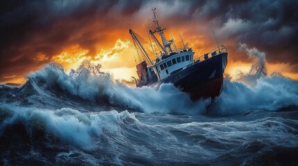 Obraz premium Fishing Boat Battling Stormy Waves in Dramatic Twilight Seascape
