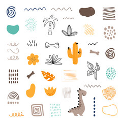 Naklejka premium Cute vector set with different dinosaurs, mountains, volcanoes, palm trees, clouds, eggs, footprints. Vector illustration. Creative children's animals. 