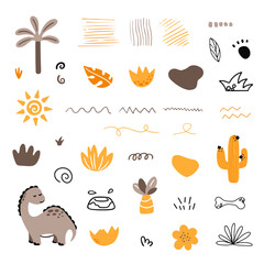 Cute vector set with different dinosaurs, mountains, volcanoes, palm trees, clouds, eggs, footprints. Vector illustration. Creative children's animals.	
