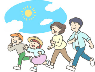 青空の下でお出かけする子ども連れの家族のイラスト
