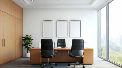 Fototapeta premium Modern Minimalist Office Interior with Wooden Desk and City View
