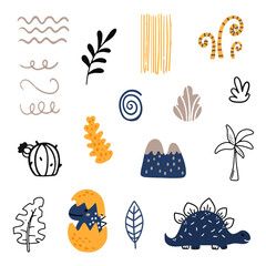 Cute vector set with different dinosaurs, mountains, volcanoes, palm trees, clouds, eggs, footprints. Vector illustration. Creative children's animals.	
