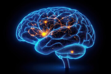 Illustration of Human Brain with Pituitary Gland in Neon Blue Glow Anatomy X-ray Profile Medical Science