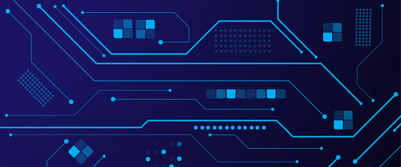 Vector blue circuit electronic or electrical line with engineering technology concept  background design.