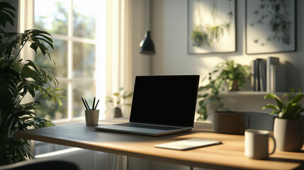 Home Office Work Table with Laptop Indoor Design for Home Office Chic Interior for Working in Apartment Luxury Freelancer with Cozy Modern Interior Workspace Black Screen of Laptop with Mouse