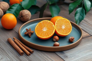 Fresh Oranges and Nuts on Wooden Table with Spices and Green Leaves Decor