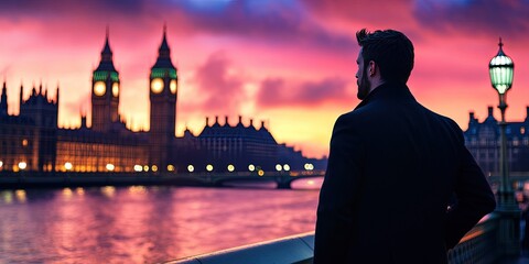 Obraz premium london tourism with tourist overlooking city across the river