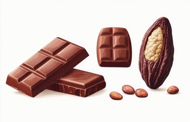 Fototapeta premium Chocolate Pieces with Cocoa Beans and Pod on a White Background