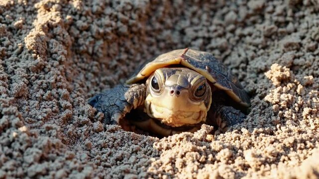 Close-up video of a small turtle nestled in sandy soil, captured from a low angle, highlighting its shell texture and curious expression.