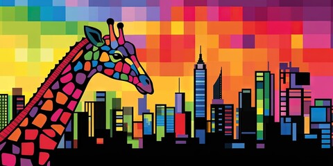 Fototapeta premium johannesburg tourism concept featuring a giraffe against the city's downtown architecture and urban layout