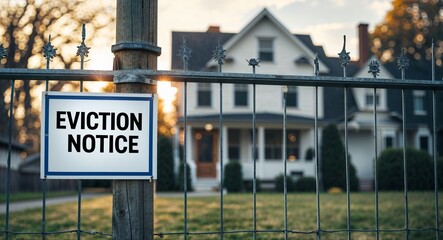 eviction notice lettering on sign at fence with house background