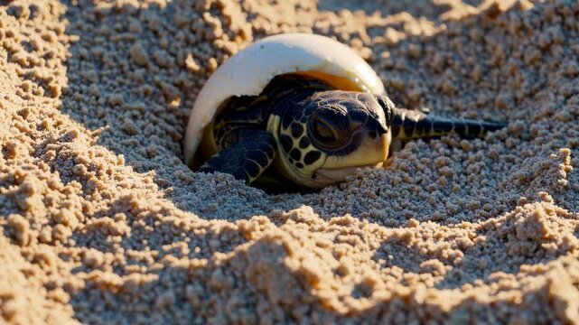 Close-up video of a baby turtle hatching from its shell on sandy beach. Captured from a low angle, highlighting the emerging turtle's details.