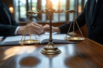 Lawyer Discussing Contract with Businesswoman in Courtroom Scene with Natural Light