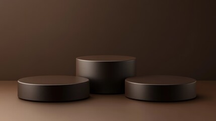 Three dark brown, round, cylindrical podiums on a brown background.